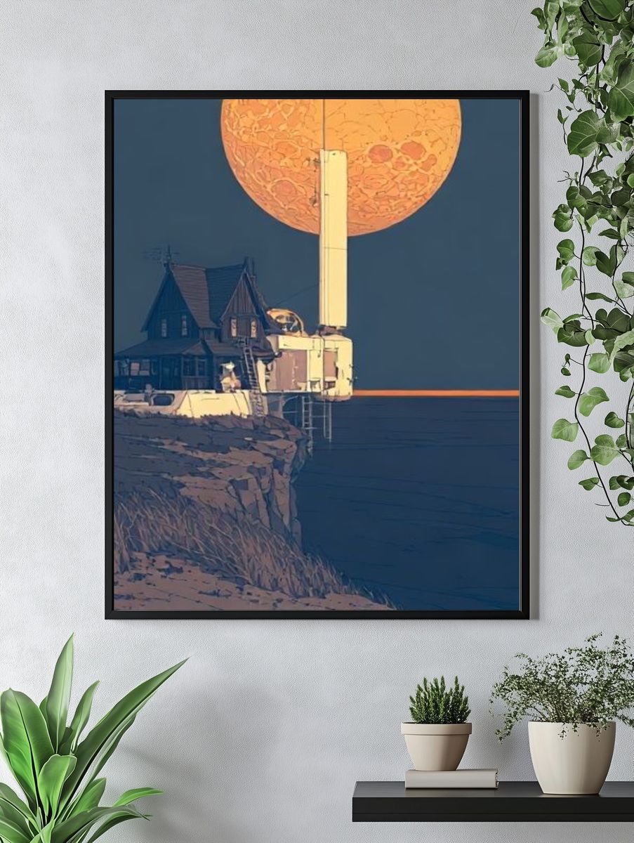 Moonlit Cliff House Illustration Poster. — room view 4