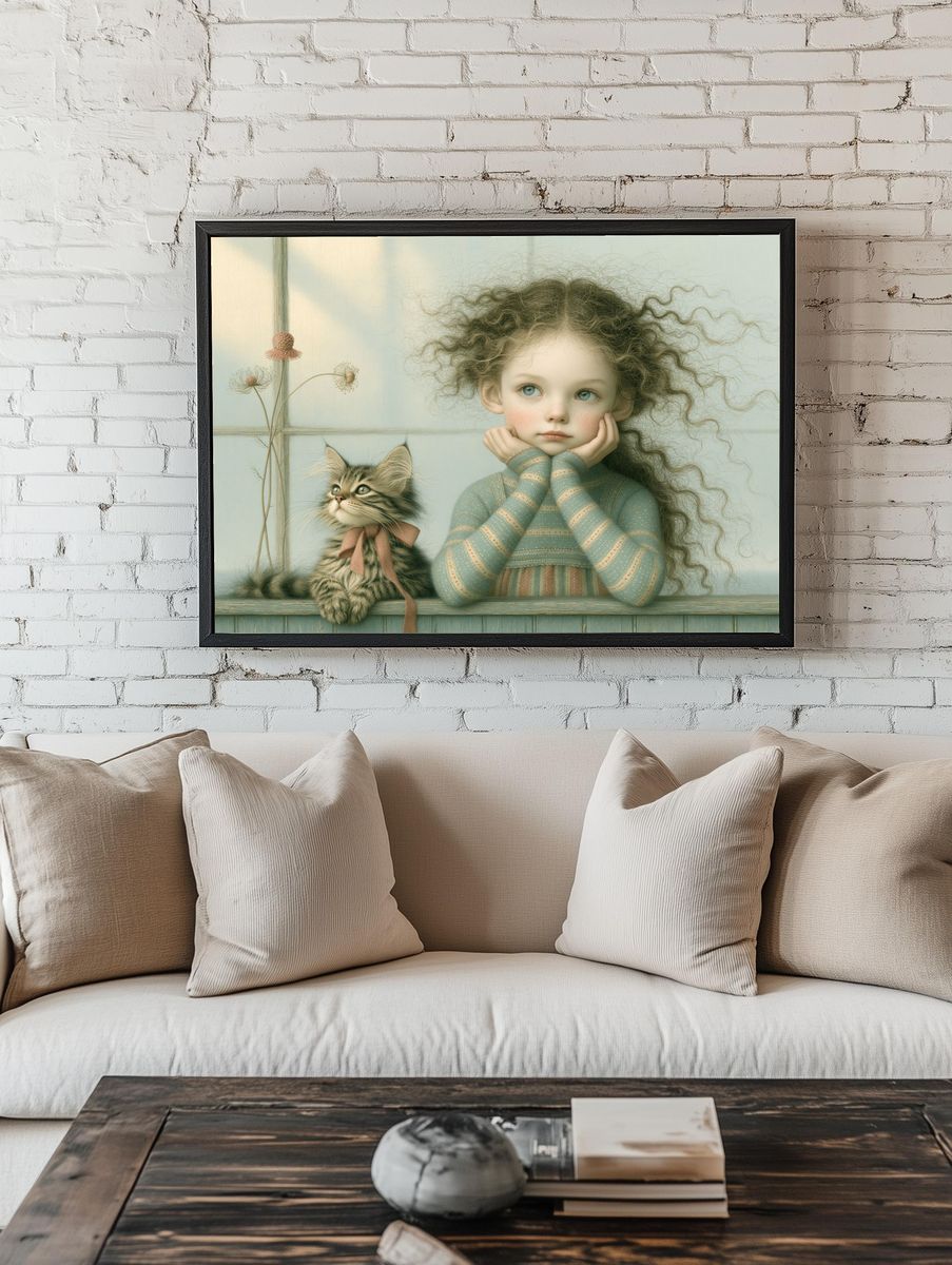 Girl and Kitten Whimsical Illustration Poster. room preview