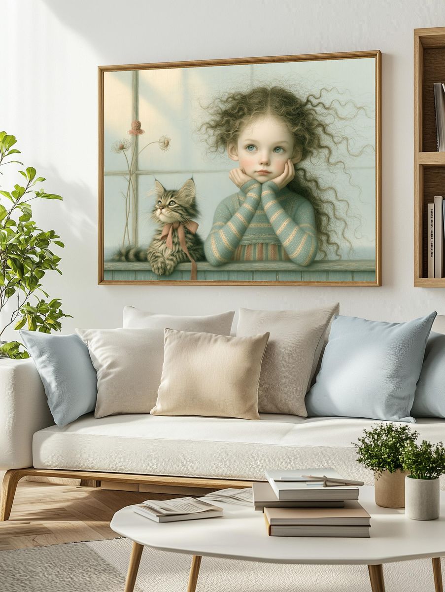 Girl and Kitten Whimsical Illustration Poster. — room view 2