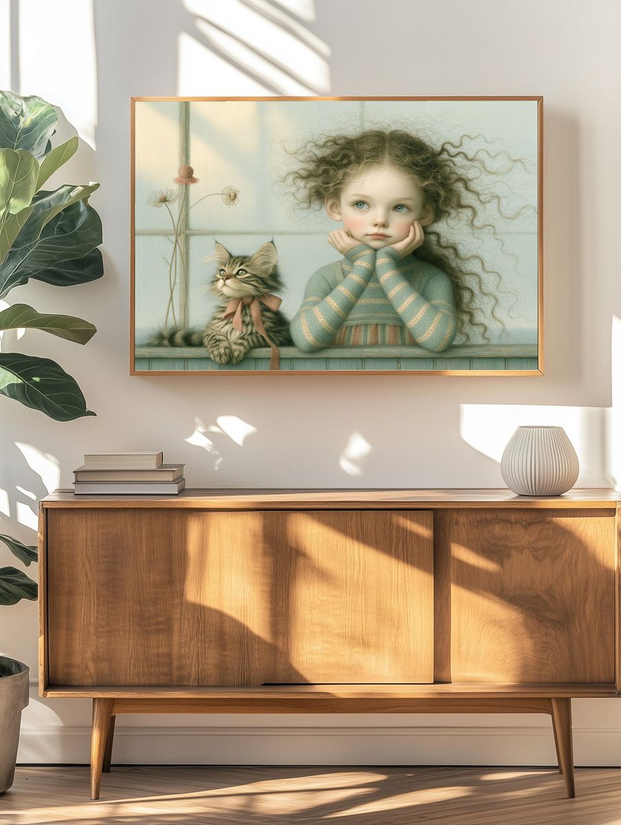 Girl and Kitten Whimsical Illustration Poster. — room view 3