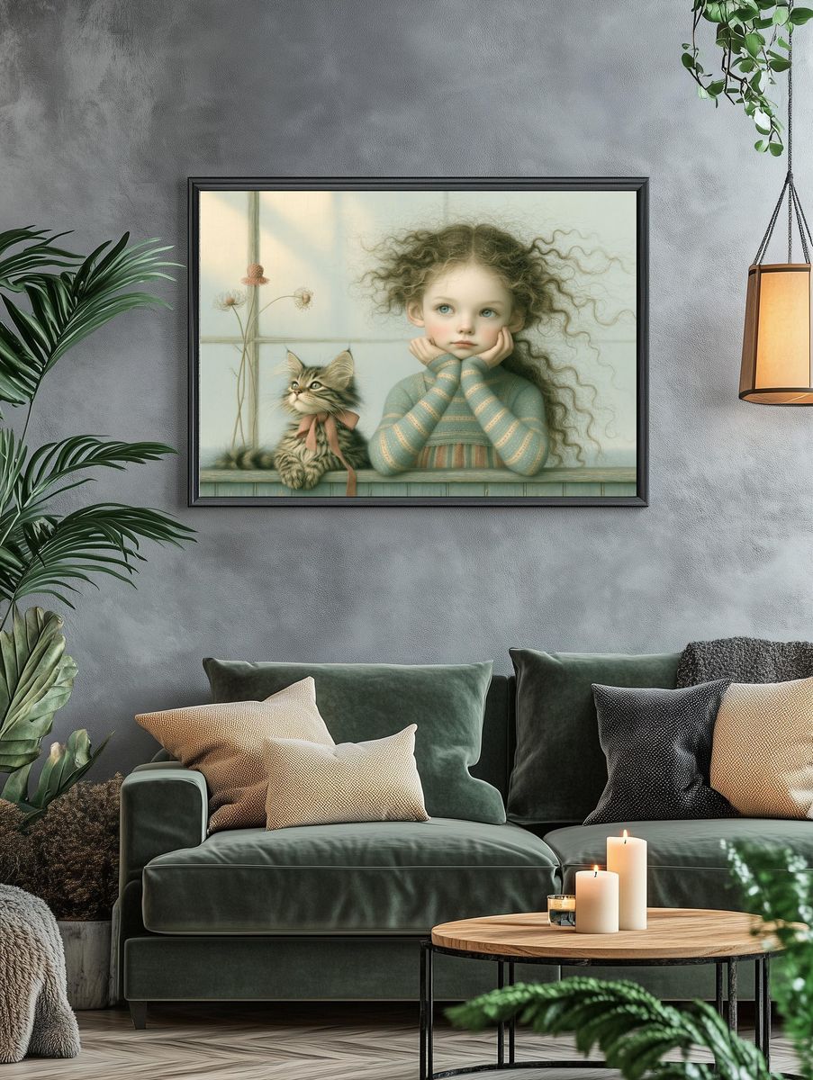 Girl and Kitten Whimsical Illustration Poster. — room view 4