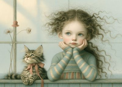 Girl and Kitten Whimsical Illustration Poster.