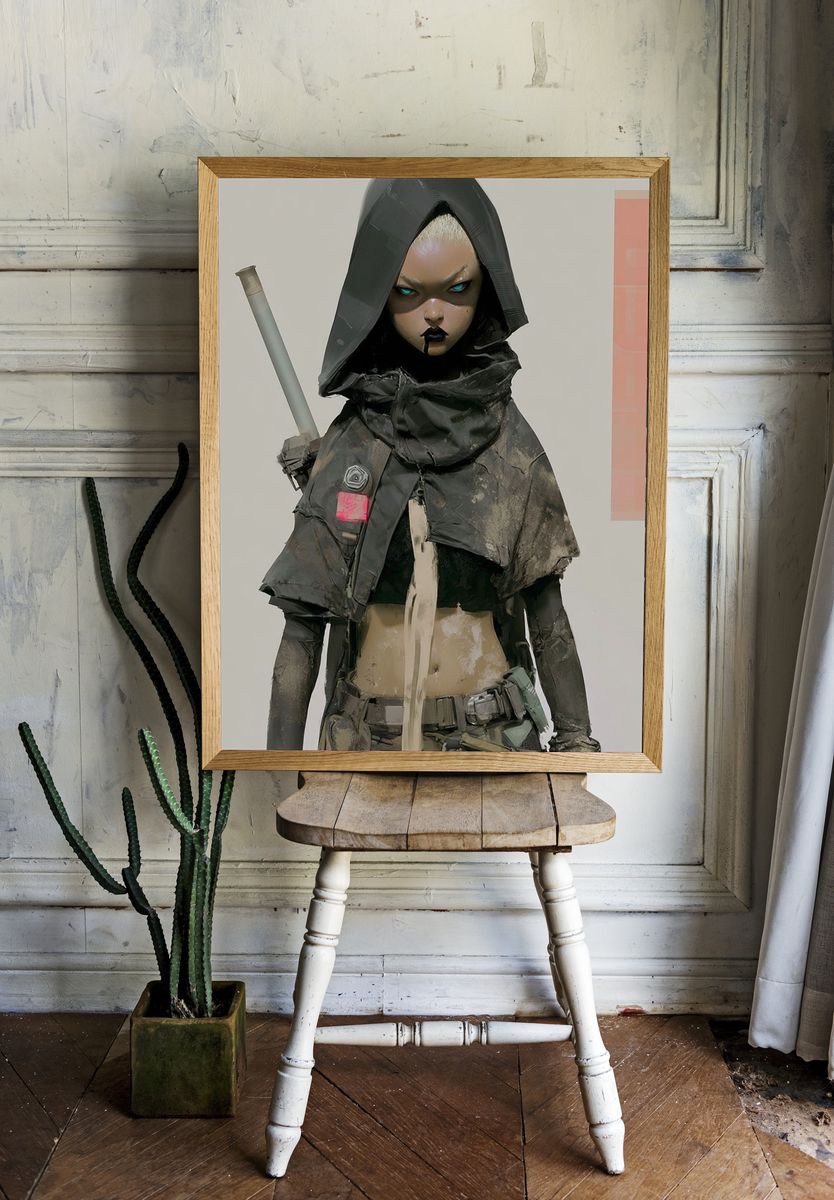 Cyberpunk Hooded Warrior Illustration Poster. — room view 1