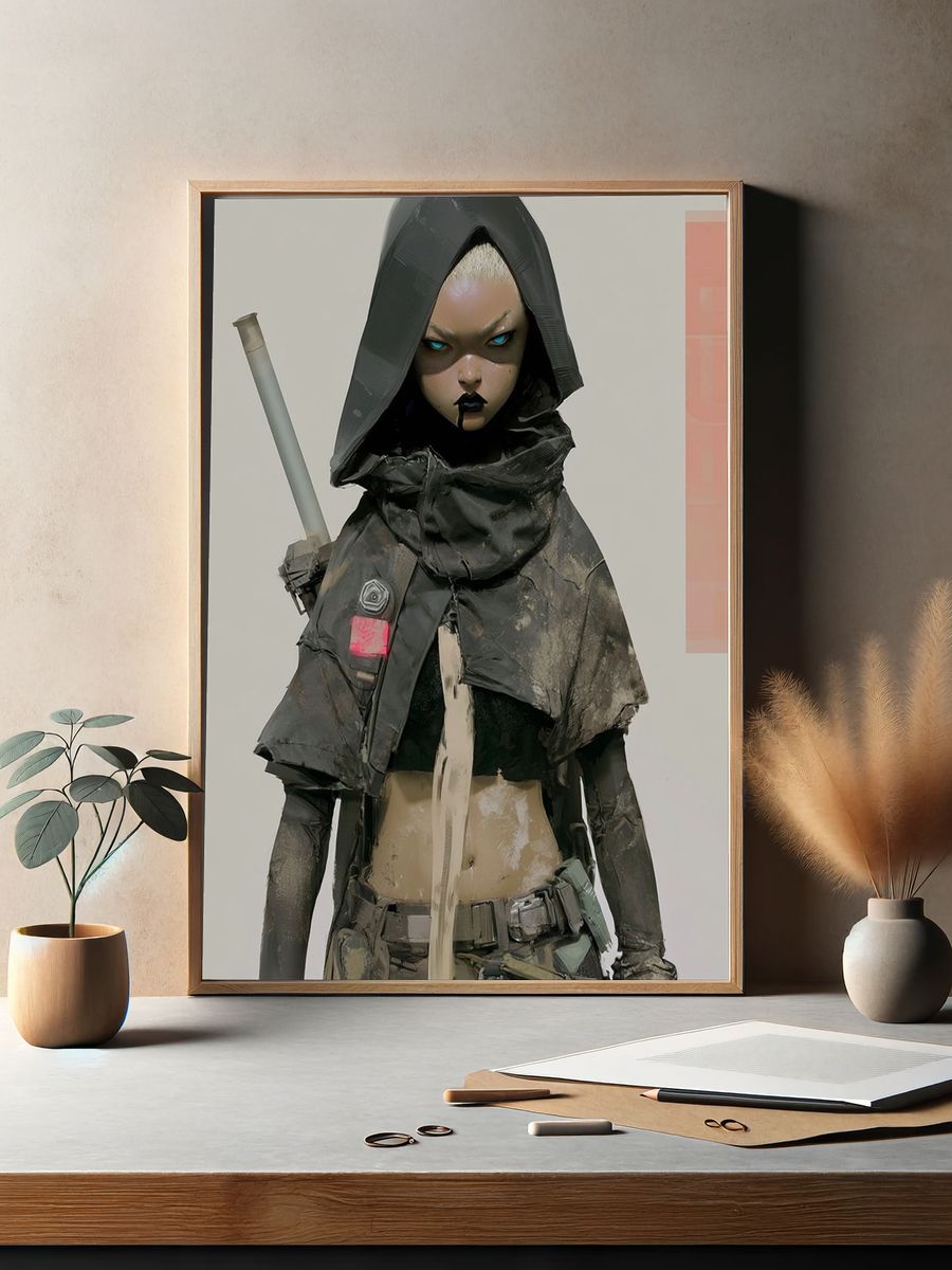Cyberpunk Hooded Warrior Illustration Poster. — room view 2