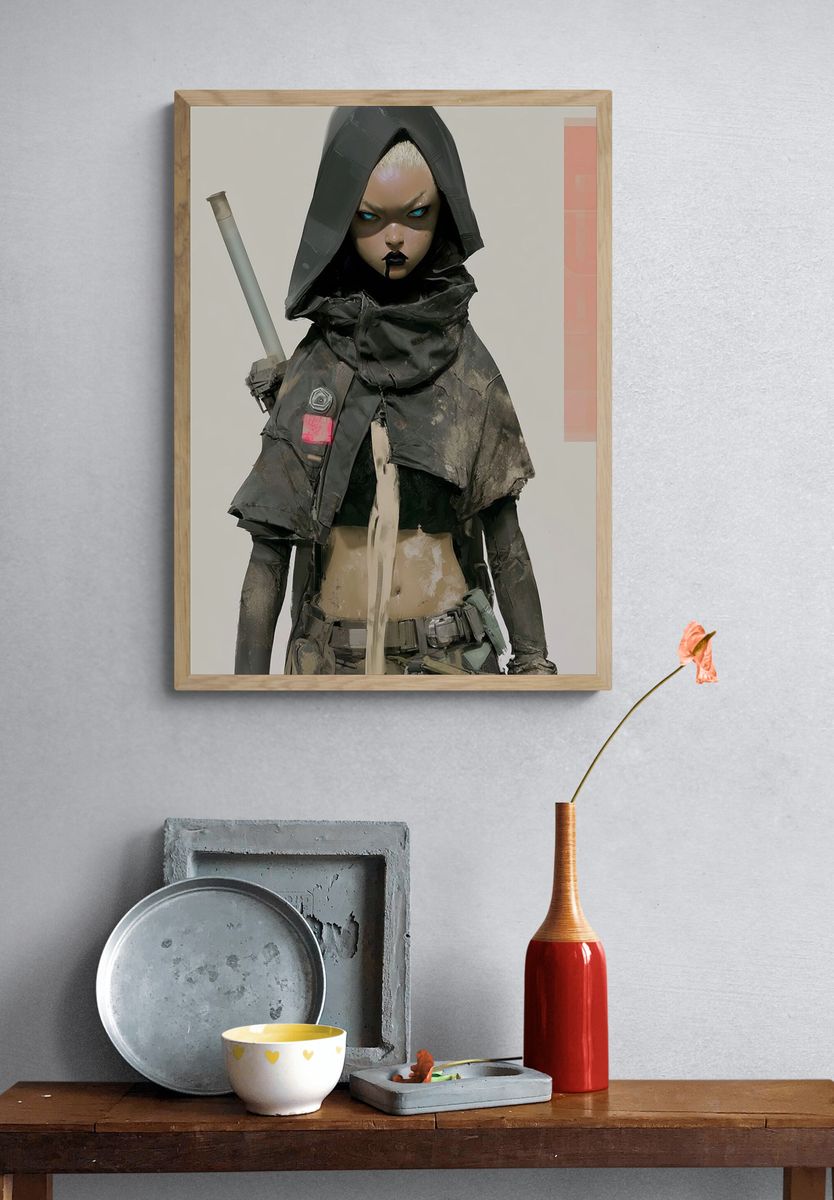 Cyberpunk Hooded Warrior Illustration Poster. — room view 3