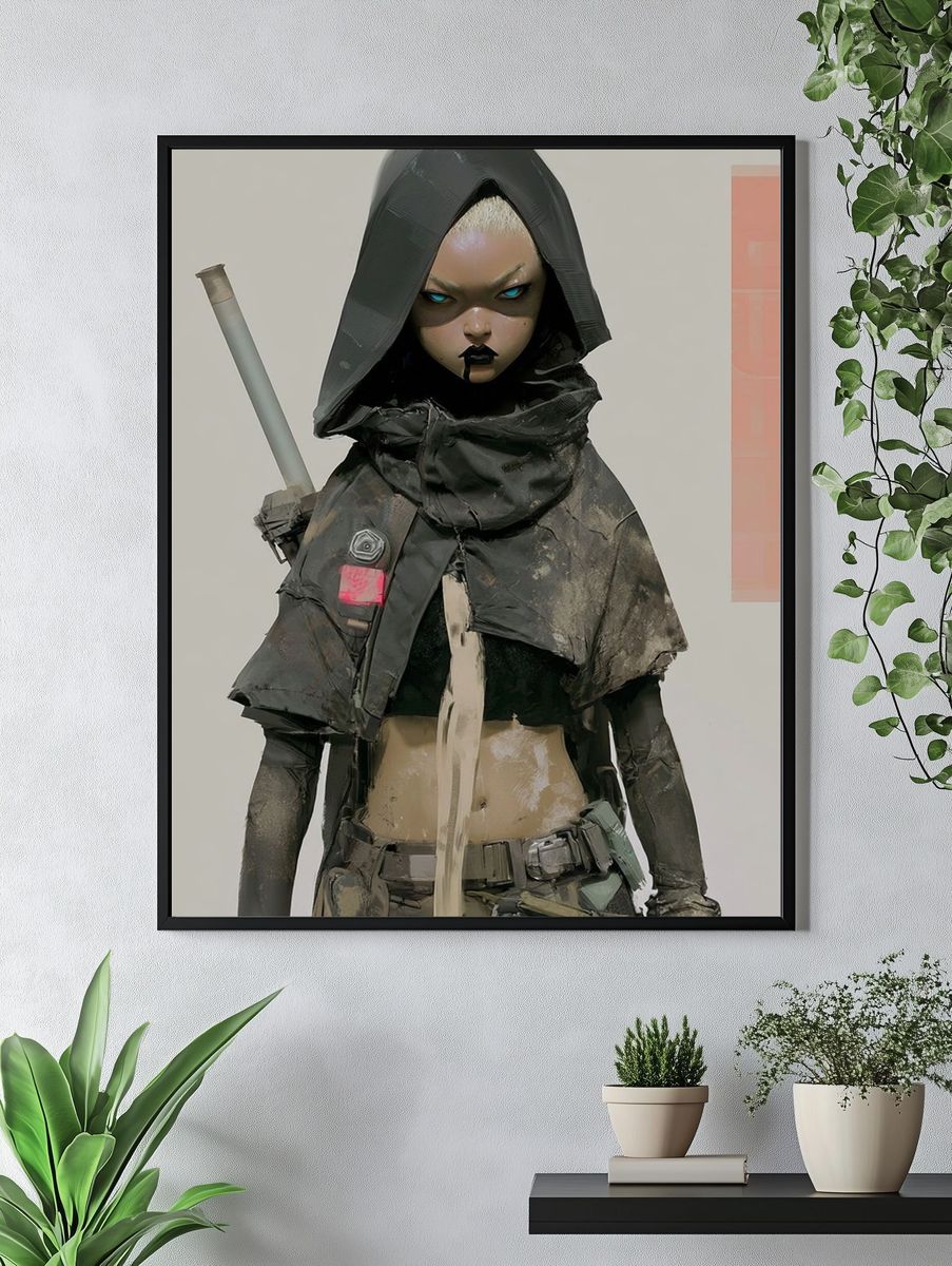 Cyberpunk Hooded Warrior Illustration Poster. — room view 4