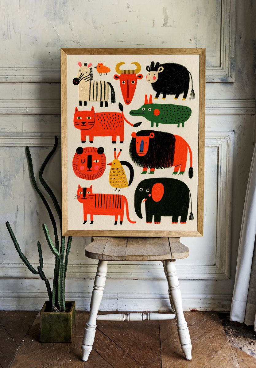 Playful Animal Parade Illustration Poster. room preview
