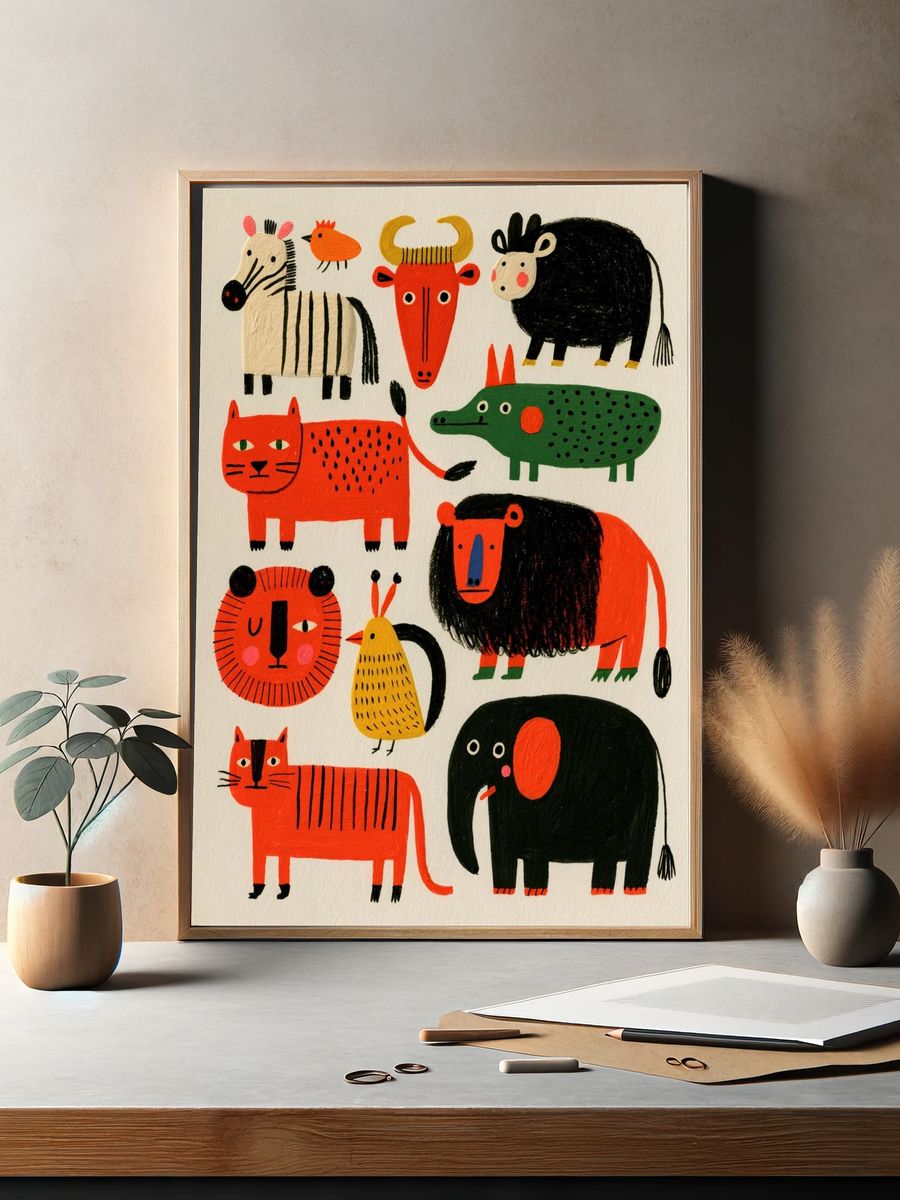 Playful Animal Parade Illustration Poster. — room view 2