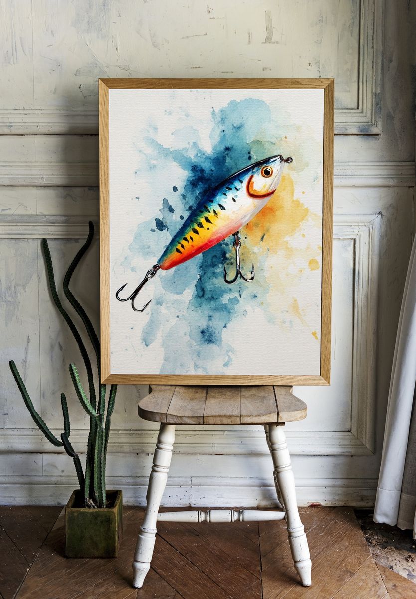 Colorful Fishing Lure Watercolor Print. room preview