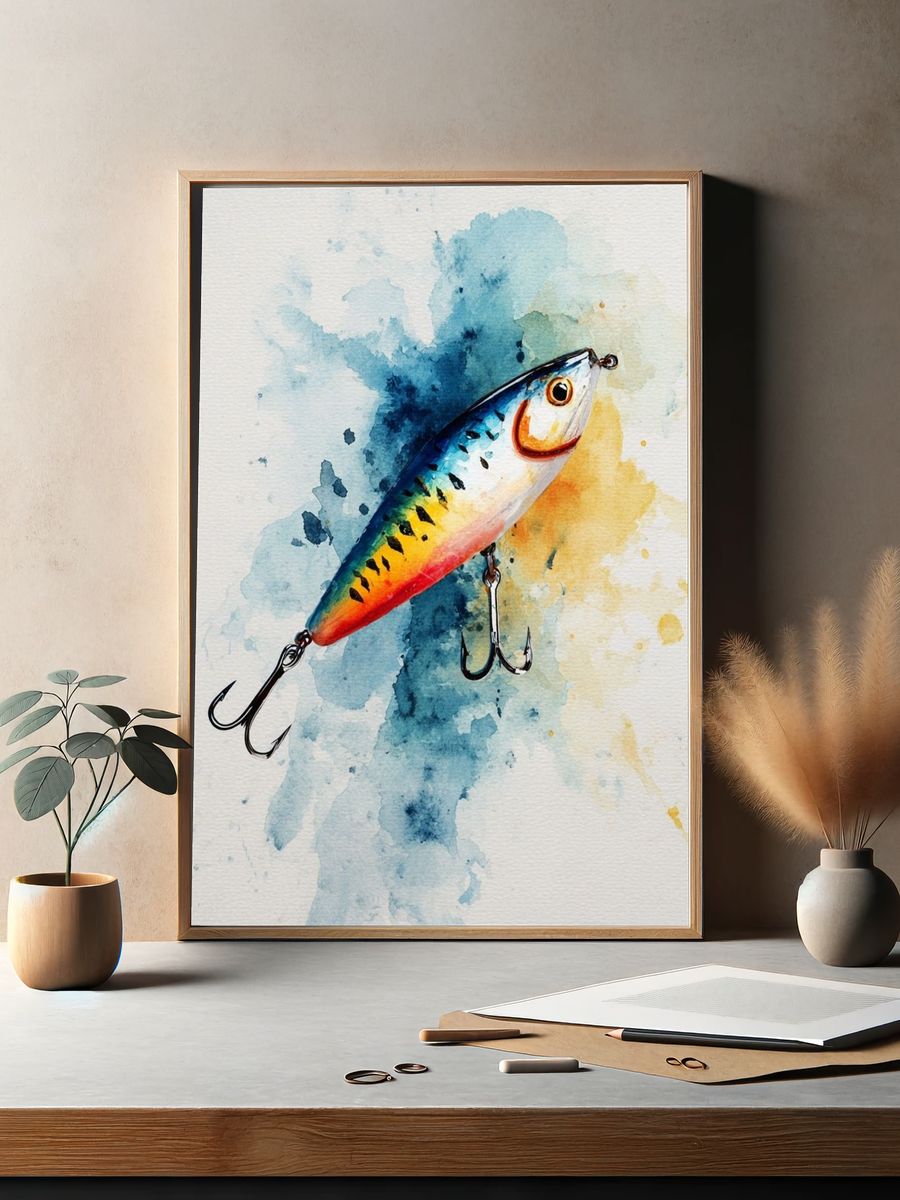 Colorful Fishing Lure Watercolor Print. — room view 2