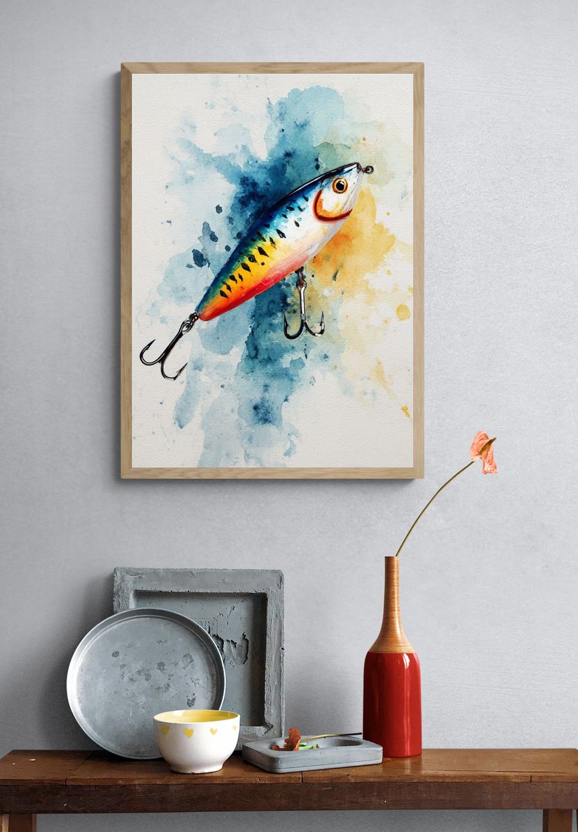 Colorful Fishing Lure Watercolor Print. — room view 3