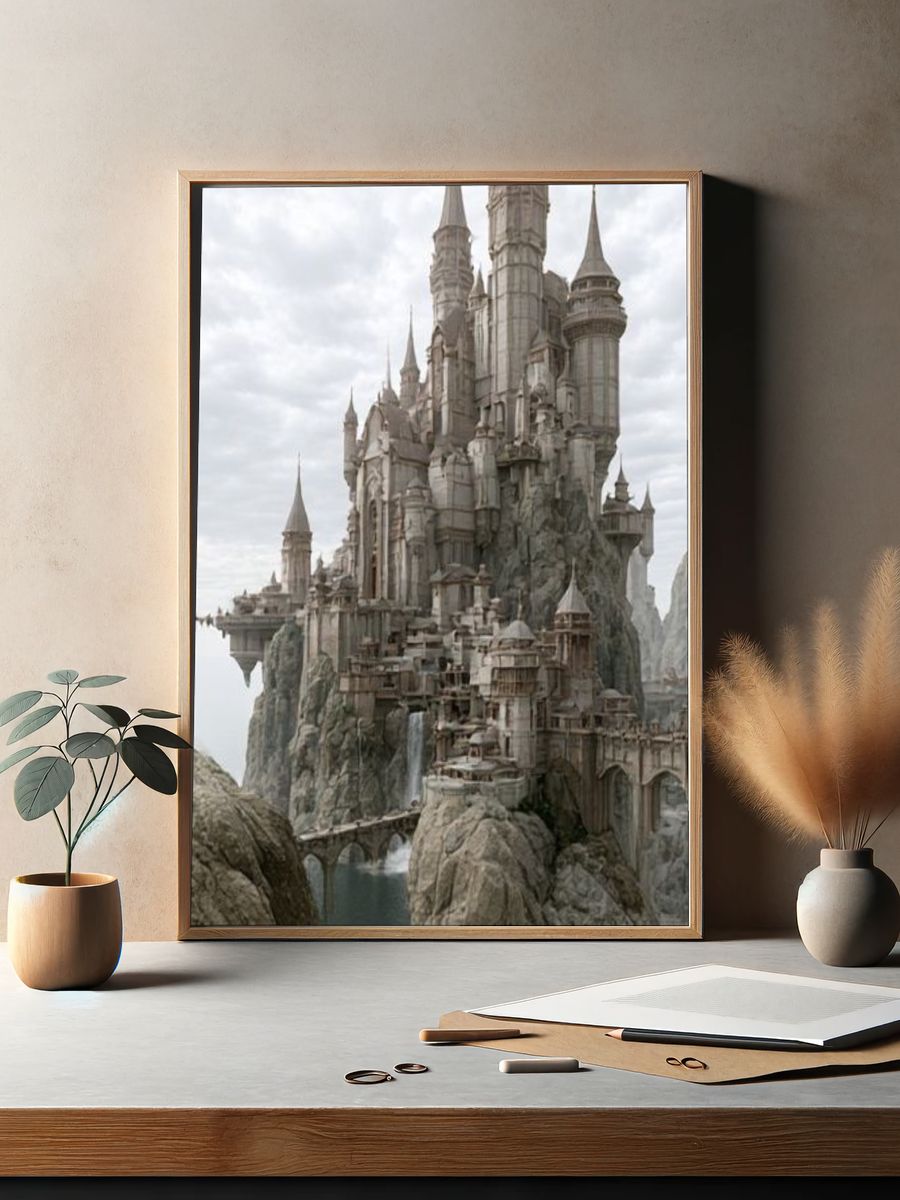 Fantasy Castle Cliffside Illustration Poster. — room view 2