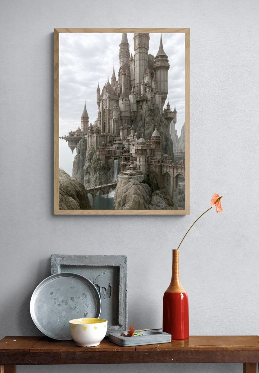 Fantasy Castle Cliffside Illustration Poster. — room view 3