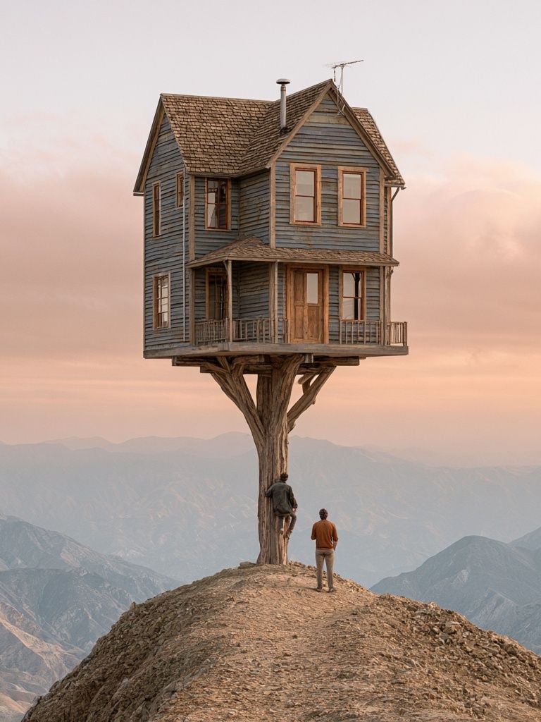 Floating House on a Cliff Print. poster — illustration art