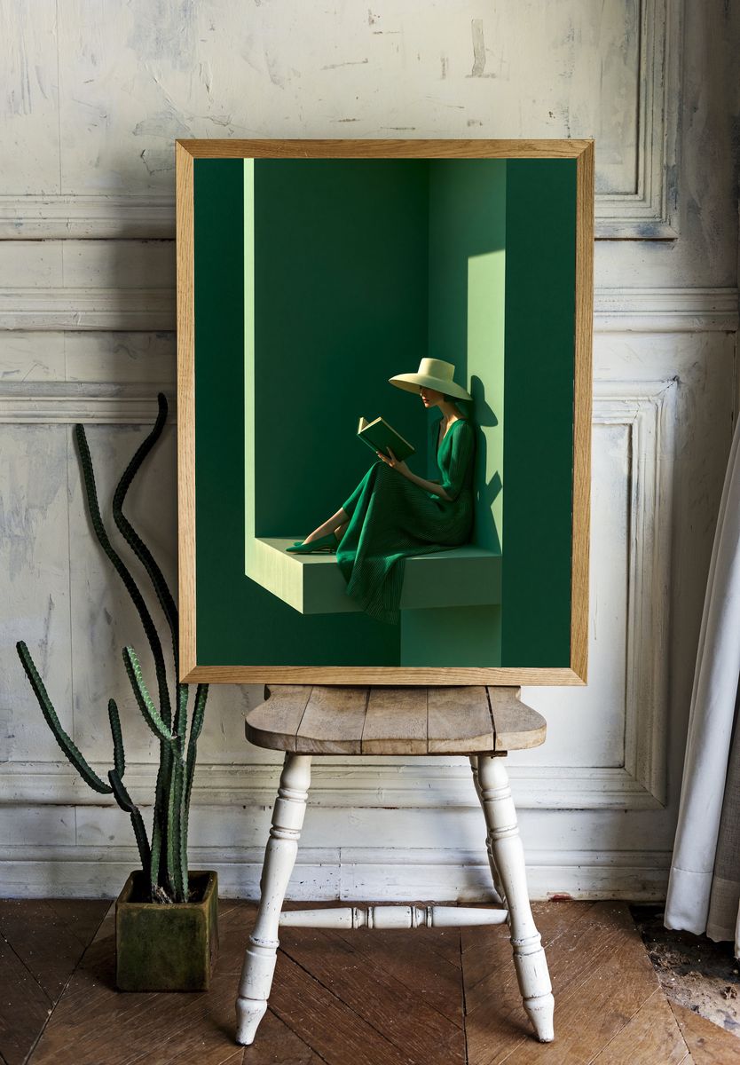 Green Reading Woman Fashion Poster. room preview