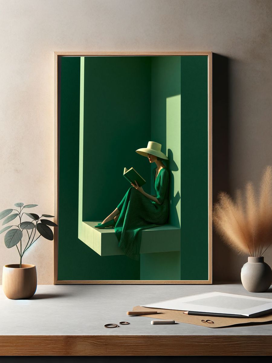 Green Reading Woman Fashion Poster. — room view 2