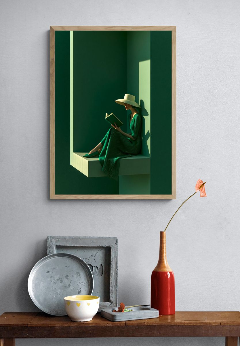 Green Reading Woman Fashion Poster. — room view 3