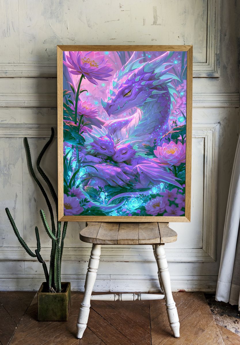 Dreaming Dragon Lotus Illustration Poster. — room view 1