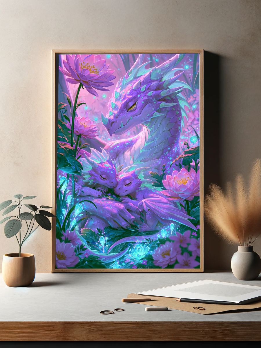 Dreaming Dragon Lotus Illustration Poster. — room view 2