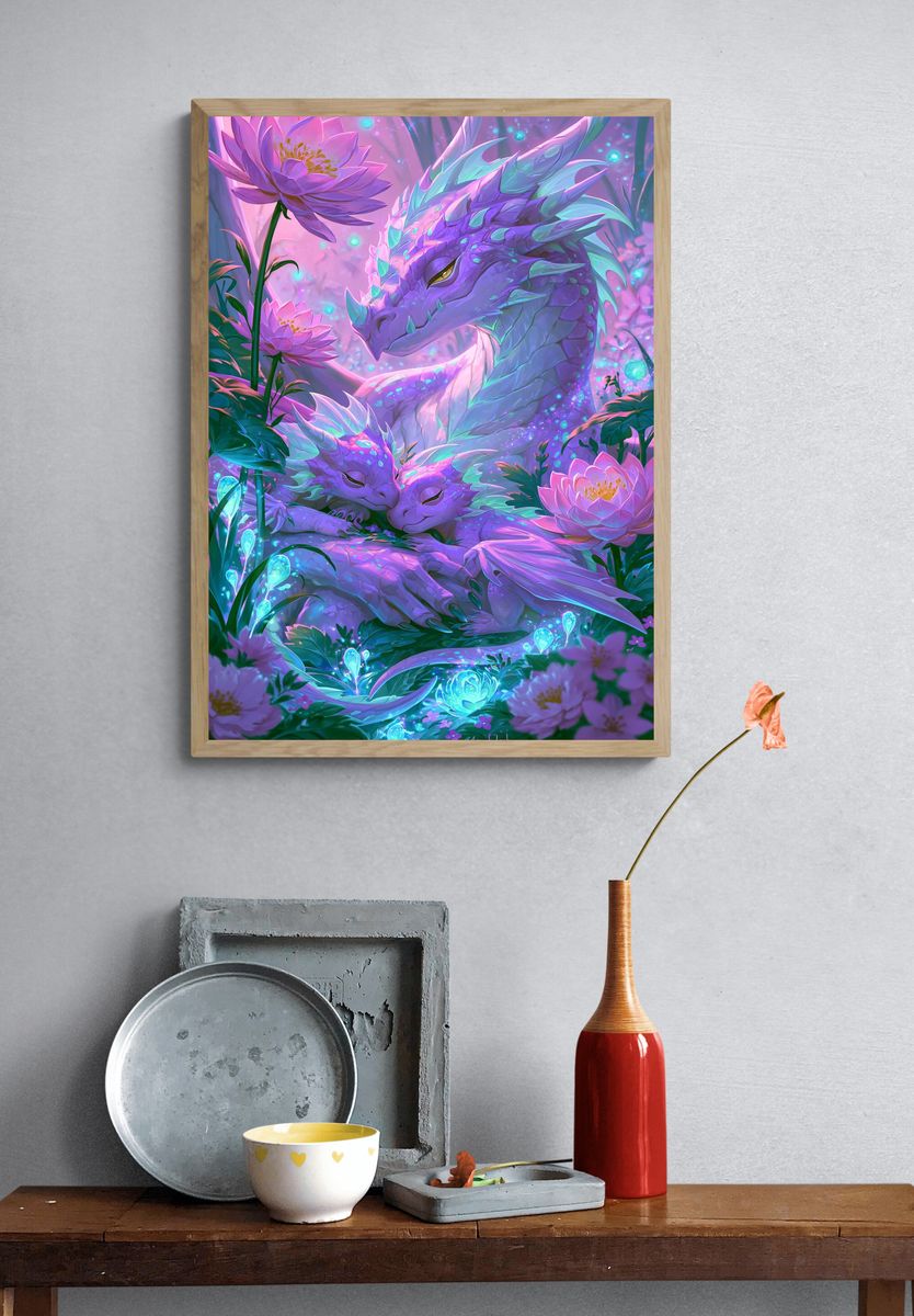 Dreaming Dragon Lotus Illustration Poster. — room view 3