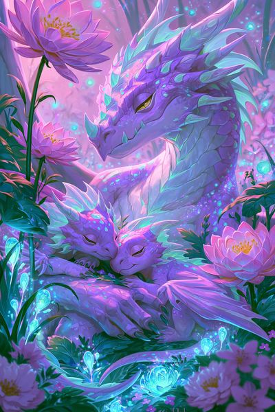 Dreaming Dragon Lotus Illustration Poster.