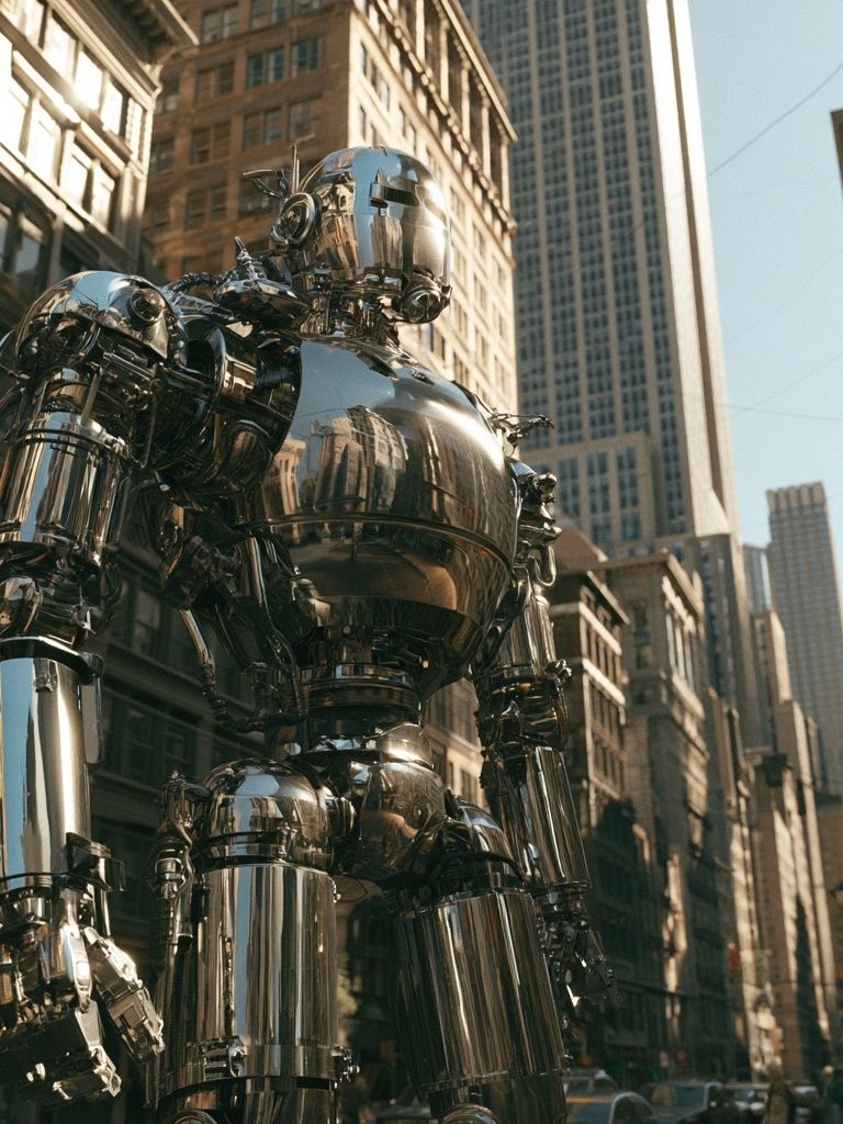 Chrome Robot Cityscape Poster. poster detail