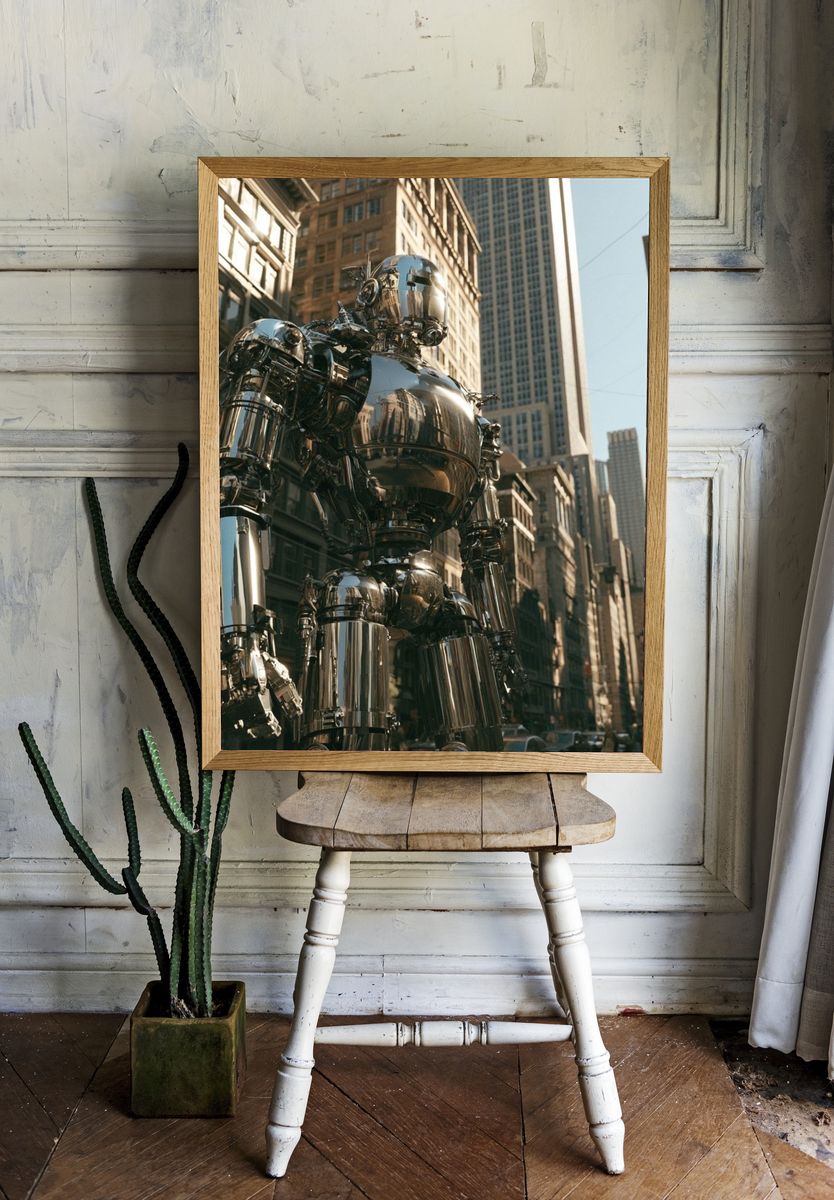 Chrome Robot Cityscape Poster. — room view 1