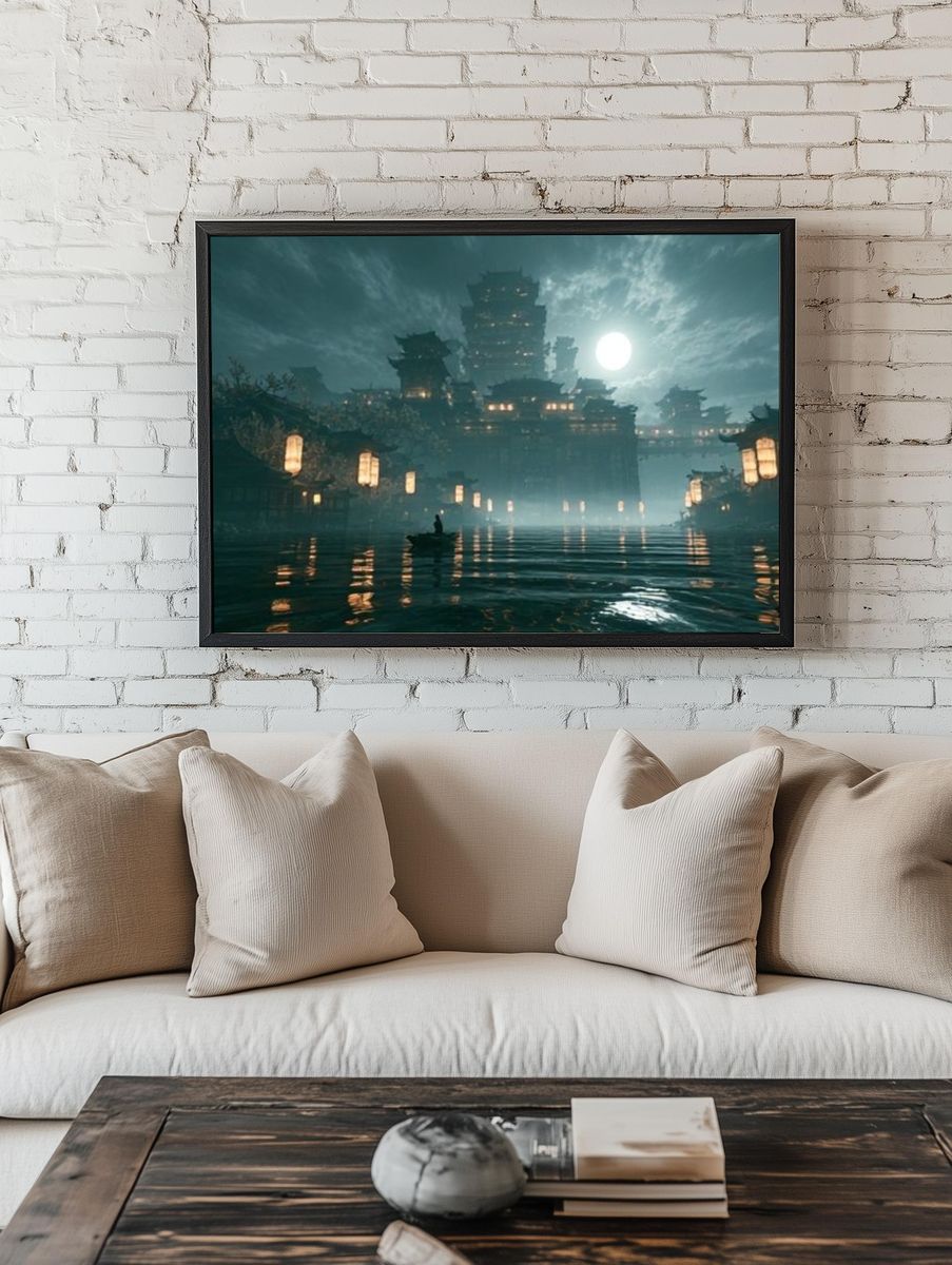 Moonlit Temple City Fantasy Print. room preview