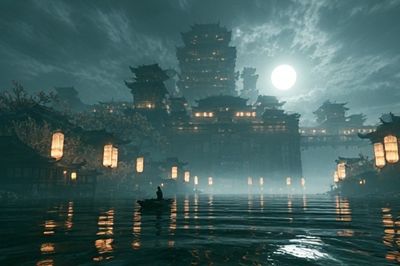 Moonlit Temple City Fantasy Print.