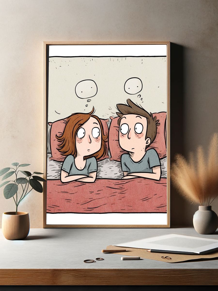 Awkward Couple Bedtime Cartoon Poster. — room view 2