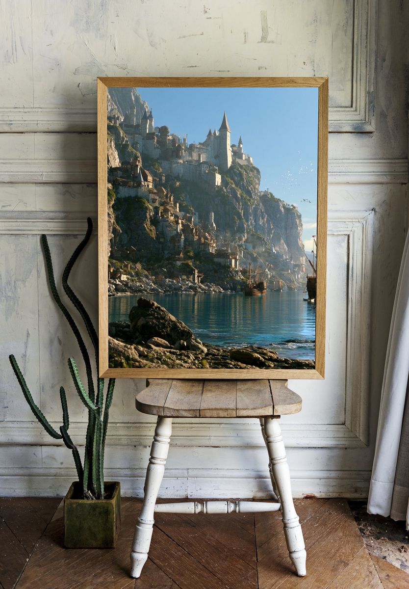 Cliffside Castle Harbor Fantasy Print. room preview