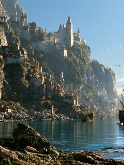 Cliffside Castle Harbor Fantasy Print.