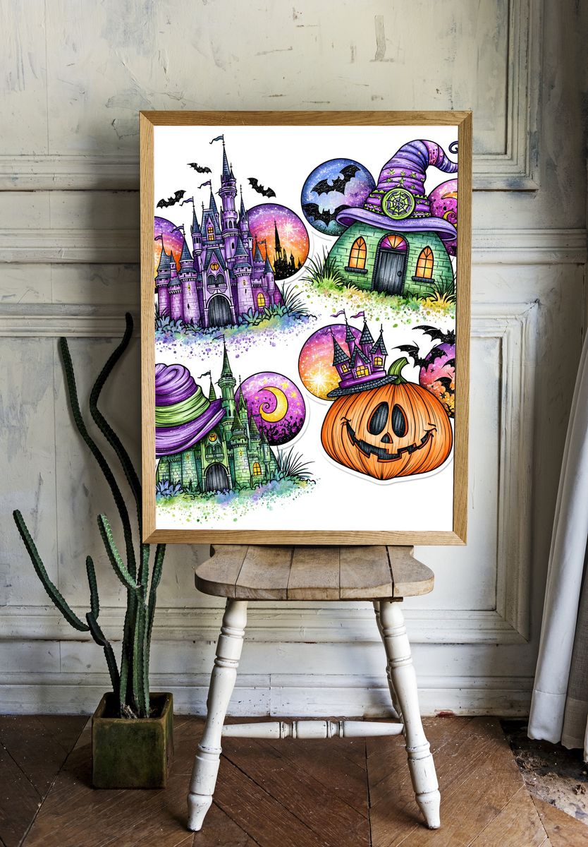 Halloween Witch Houses Illustration Poster. room preview