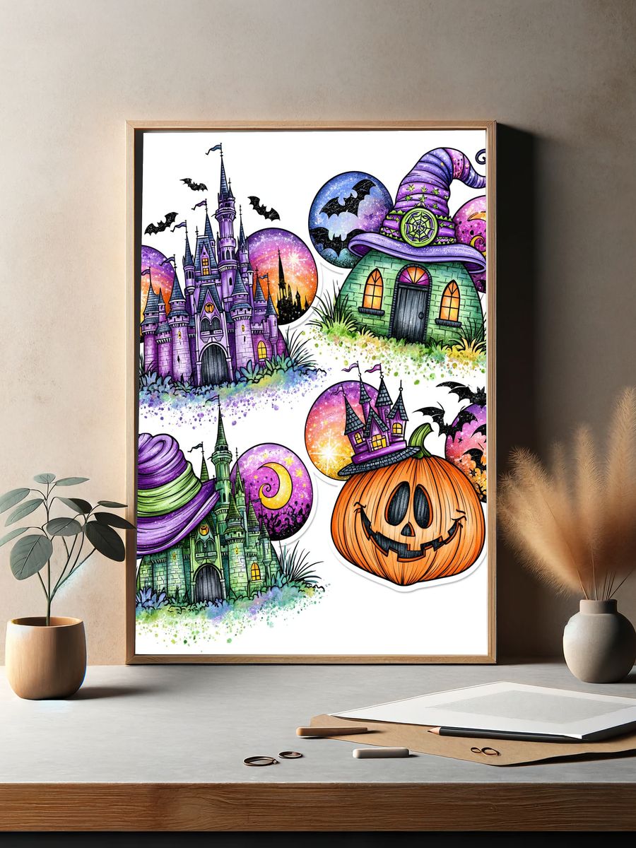 Halloween Witch Houses Illustration Poster. — room view 2