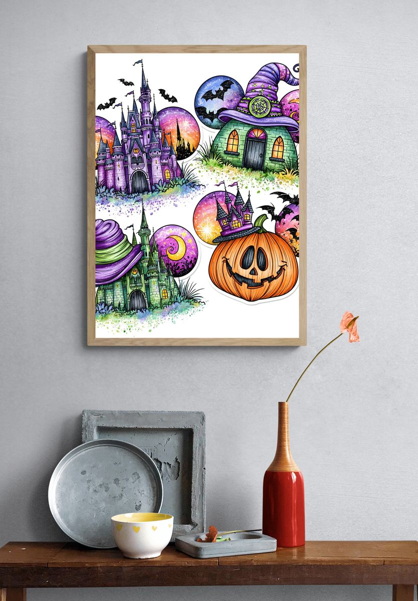 Halloween Witch Houses Illustration Poster. — room view 3