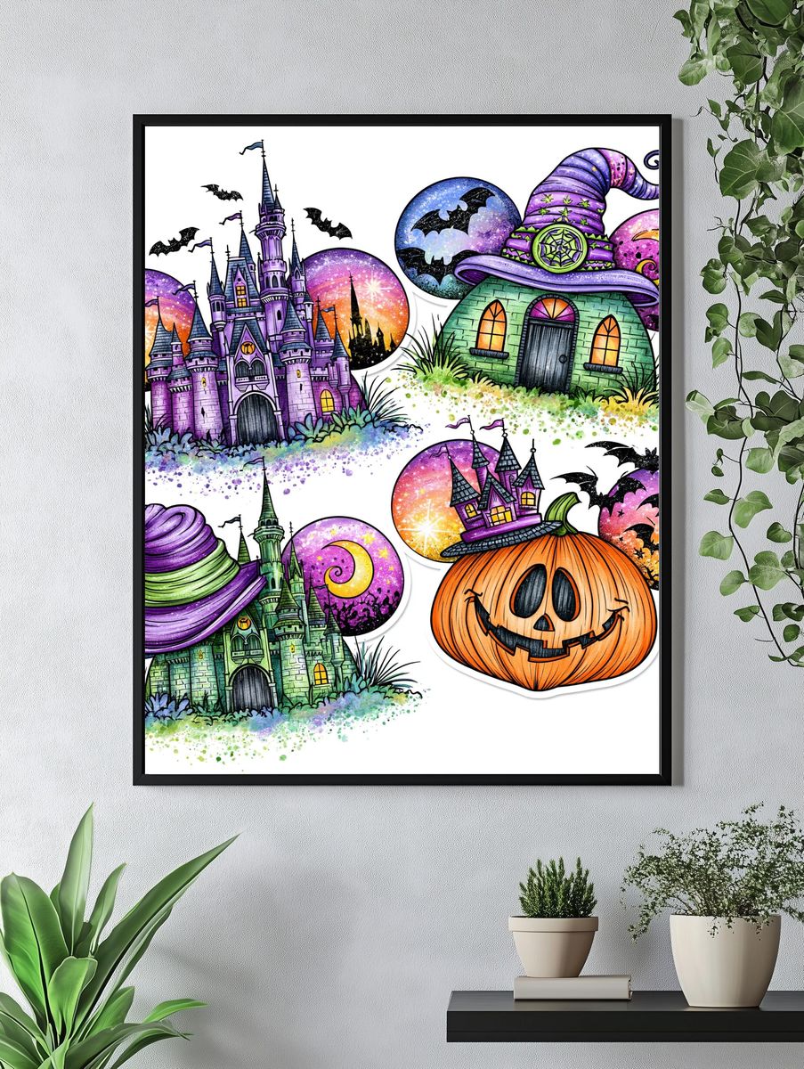 Halloween Witch Houses Illustration Poster. — room view 4