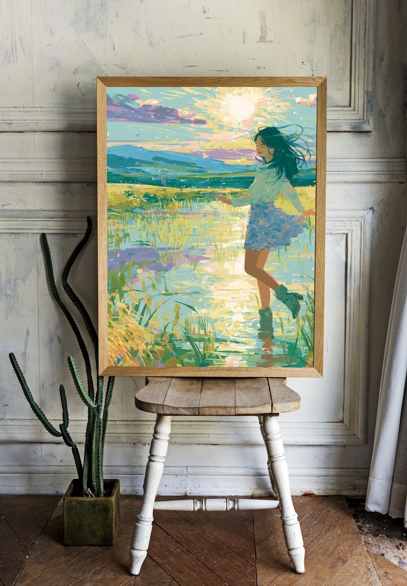 Sunlit Meadow Girl Illustration Poster. room preview