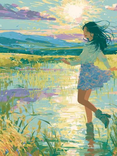 Sunlit Meadow Girl Illustration Poster. poster print