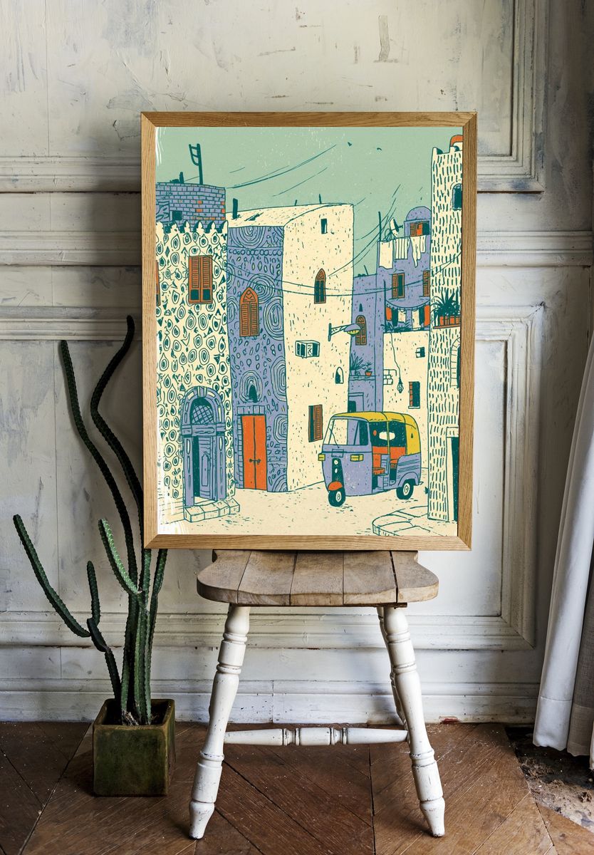 Mediterranean Street Scene Illustration Poster. room preview