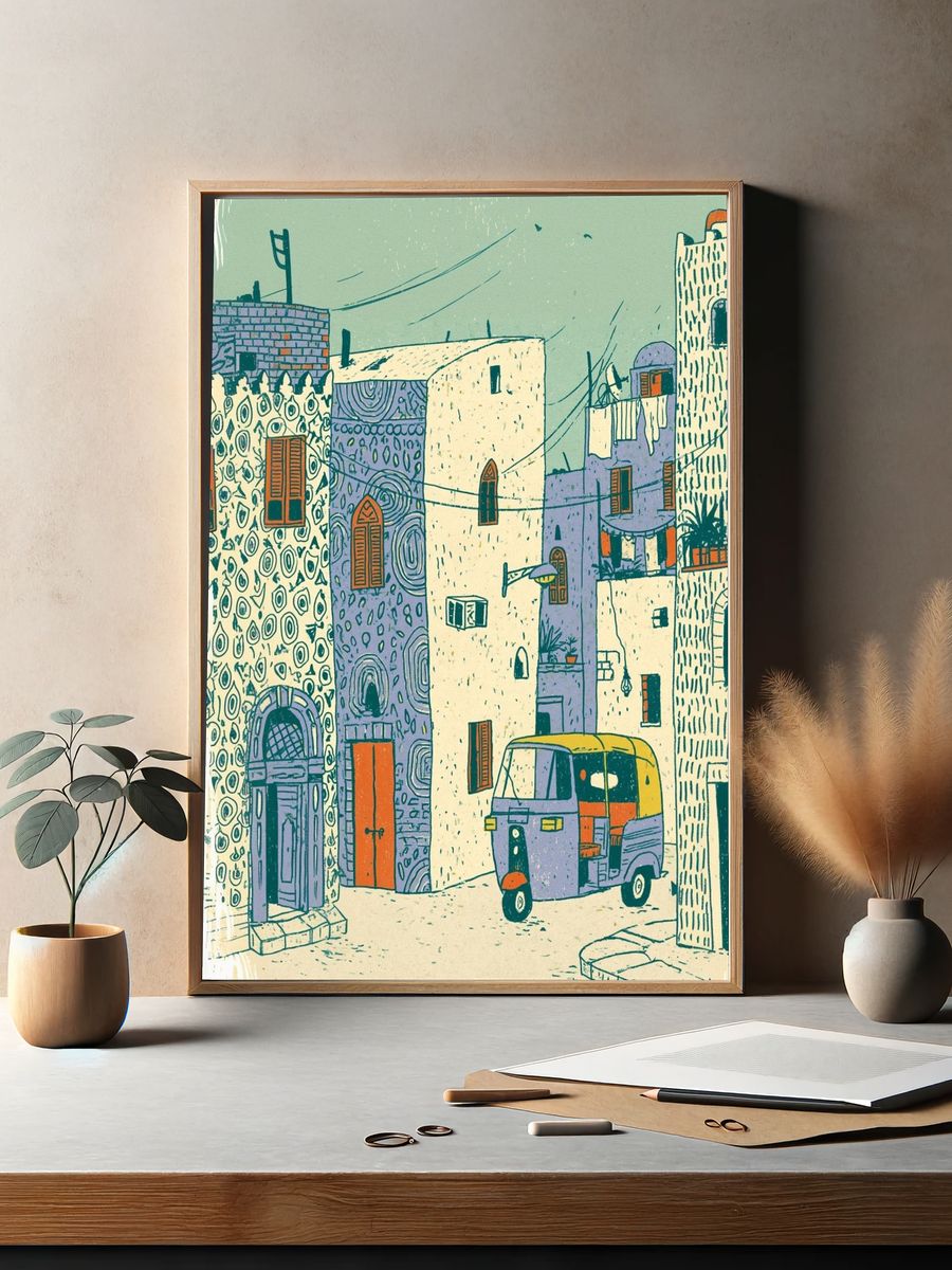 Mediterranean Street Scene Illustration Poster. — room view 2