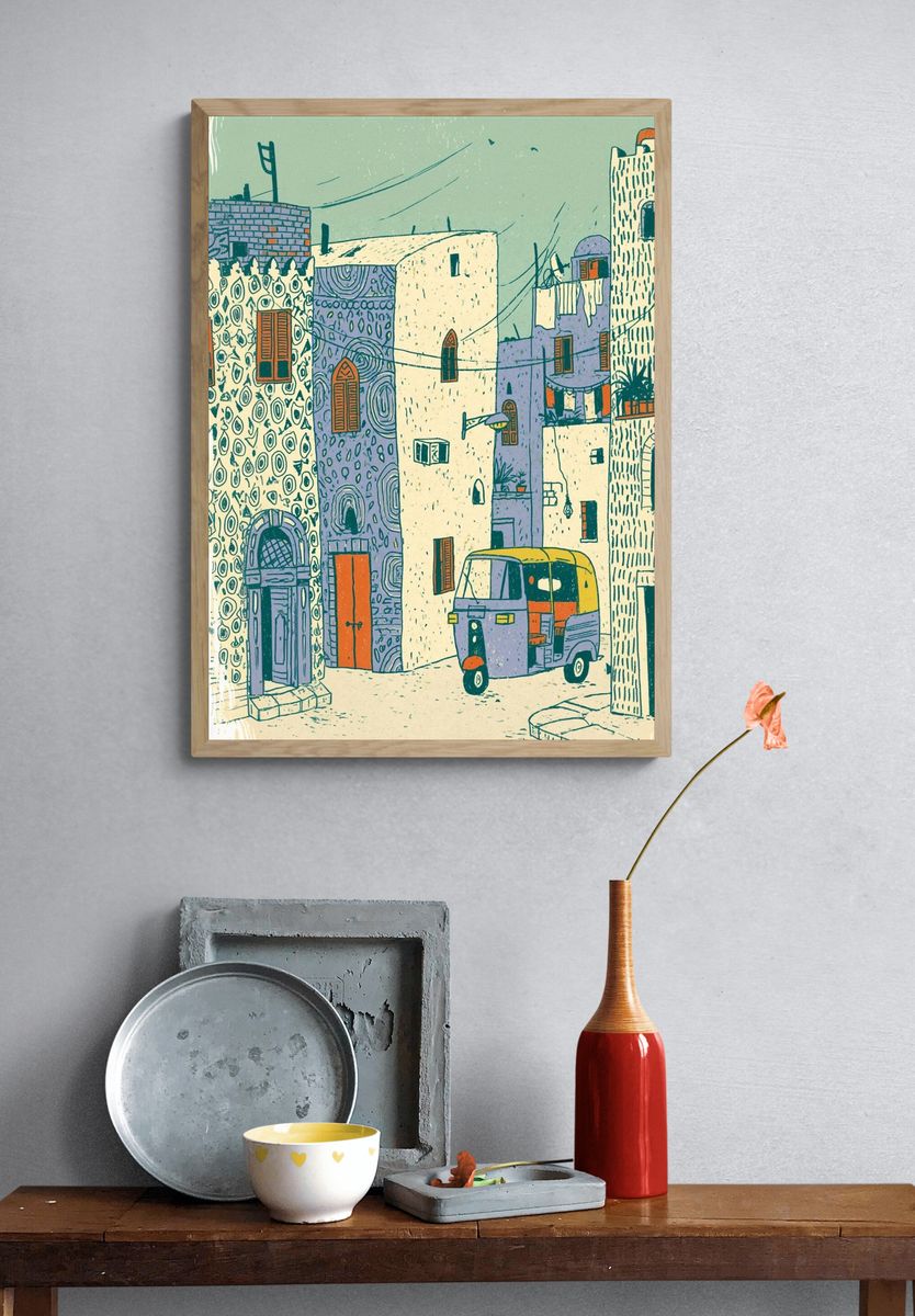 Mediterranean Street Scene Illustration Poster. — room view 3