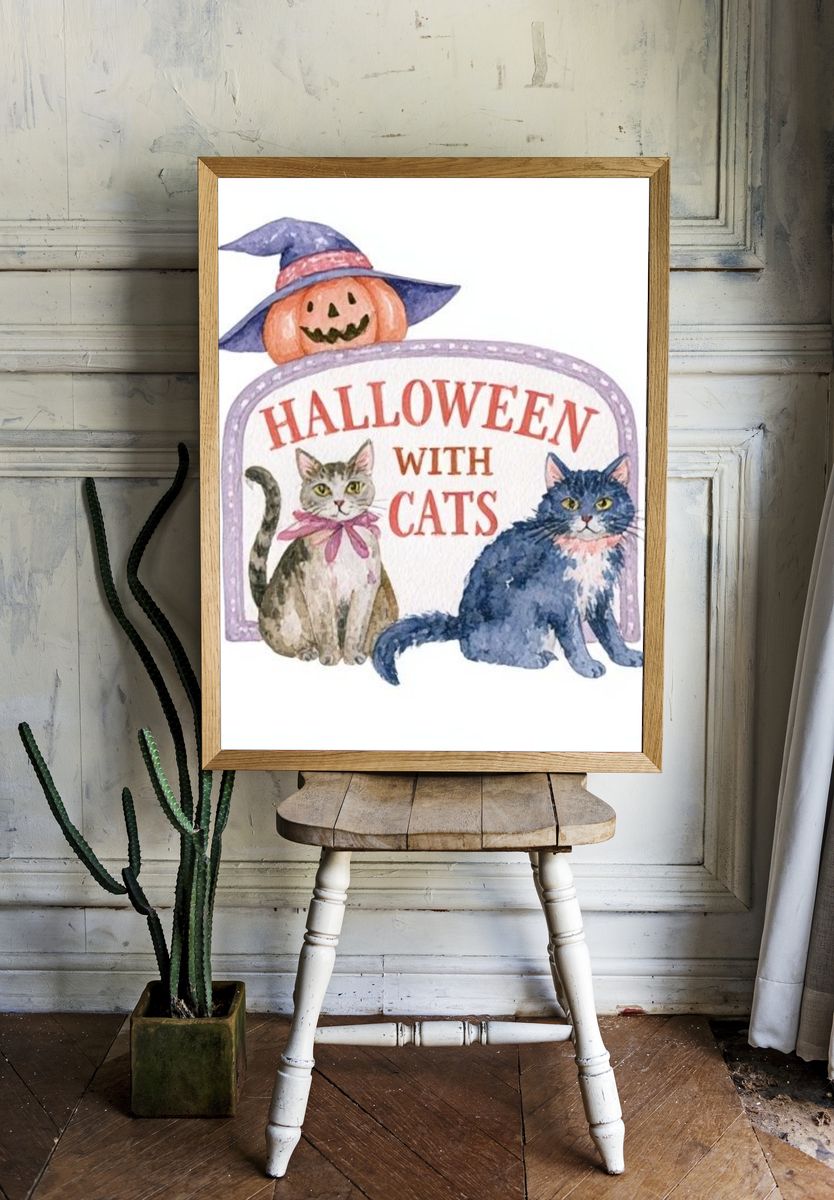 Halloween with Cats Illustration Poster. room preview