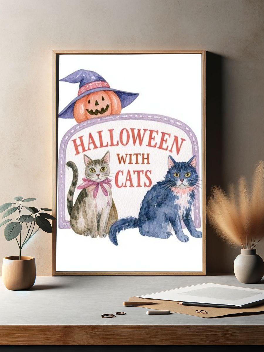 Halloween with Cats Illustration Poster. — room view 2