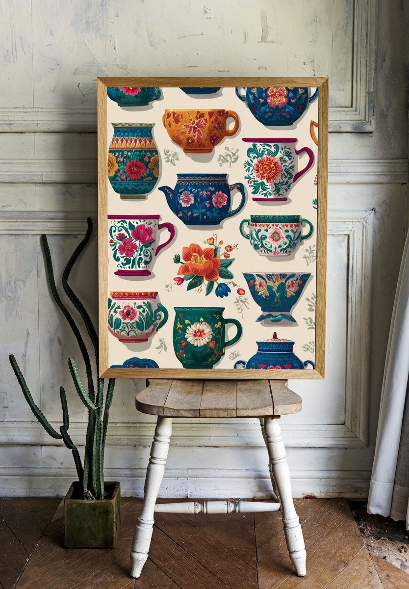 Floral Teacups Pattern Illustration Poster. — room view 1