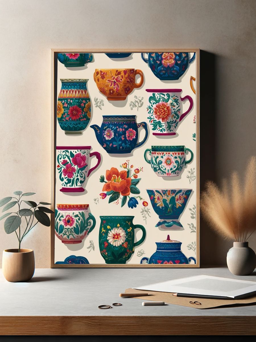 Floral Teacups Pattern Illustration Poster. — room view 2