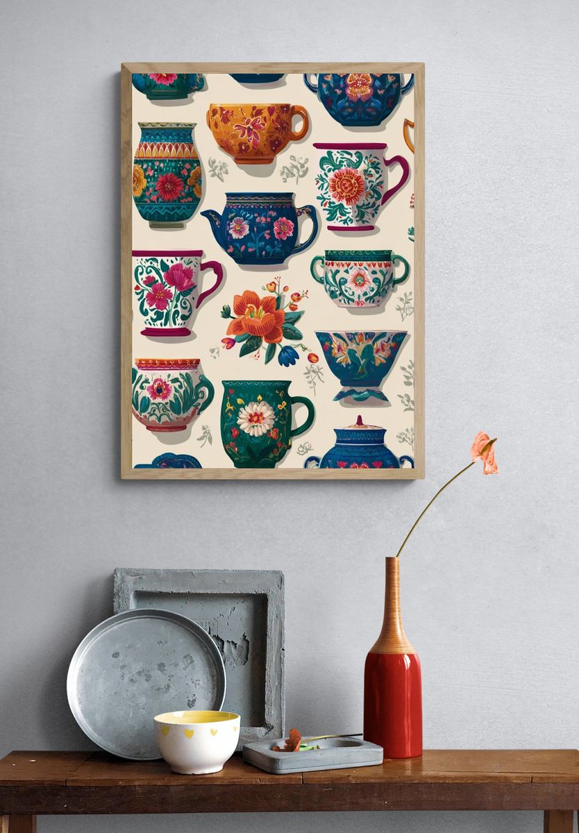 Floral Teacups Pattern Illustration Poster. — room view 3