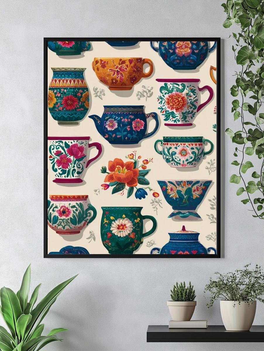 Floral Teacups Pattern Illustration Poster. — room view 4