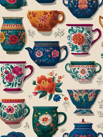 Floral Teacups Pattern Illustration Poster. poster print