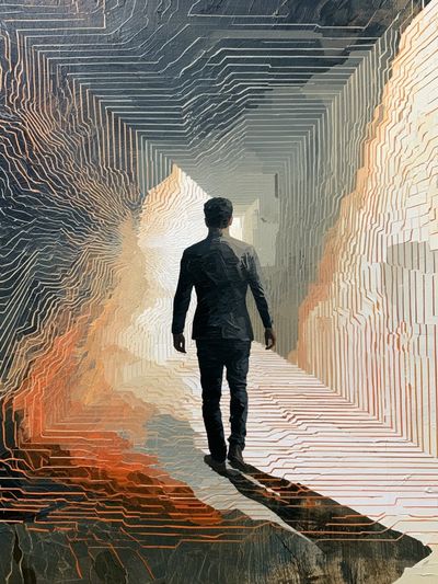 Solitary Figure in Neon Tunnel Print.