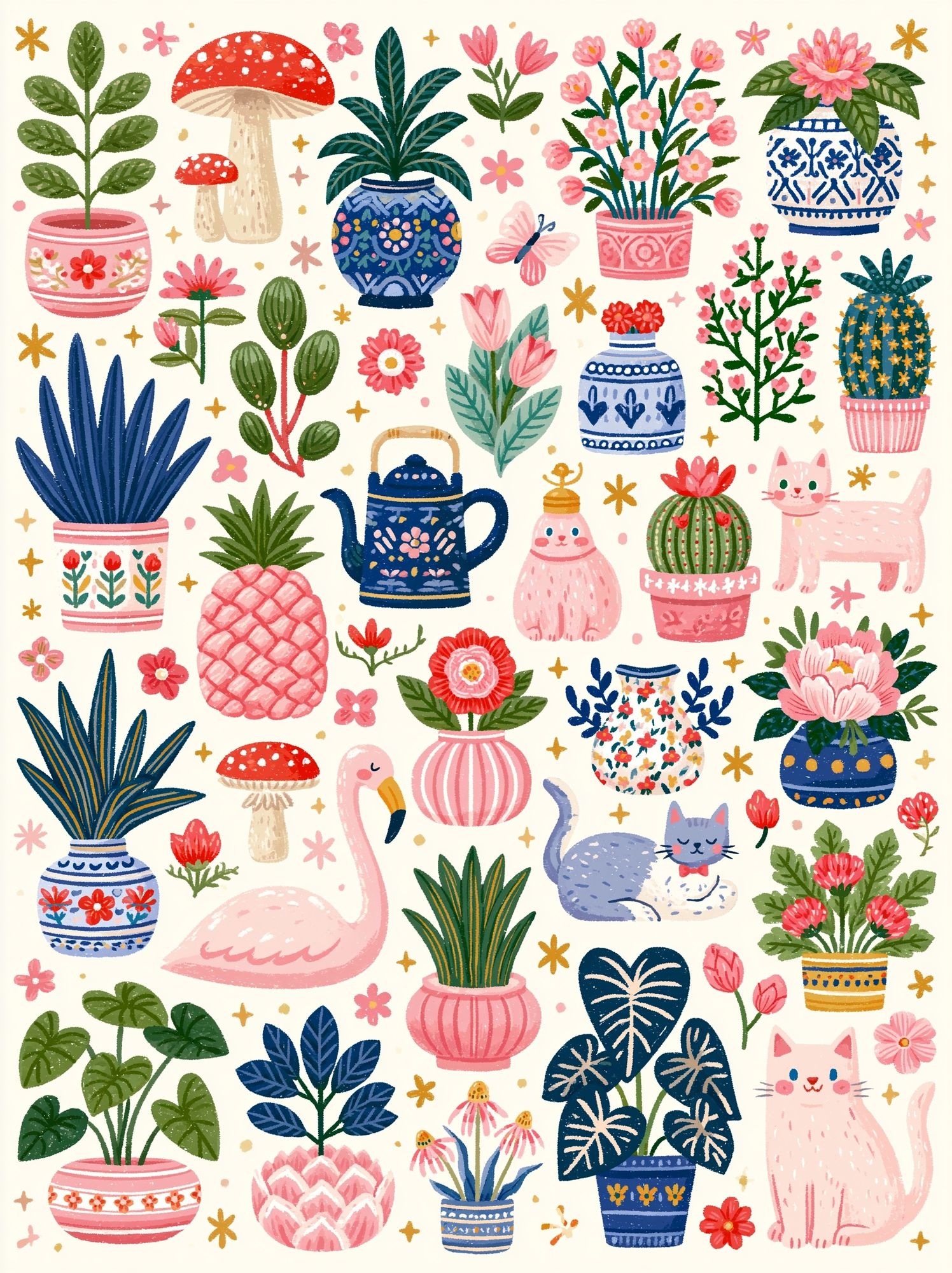 Whimsical Botanical Cats Poster. poster — illustration art
